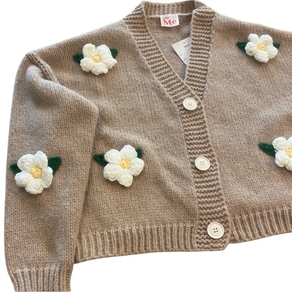 Women’s Knit Cardigan Cottagecore Crochet Flowers Oversized New M-XL
